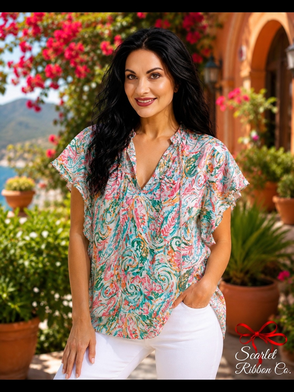 ✨️Cato Vibrant Paisley Ruffle-Trim Blouse with Cami Line